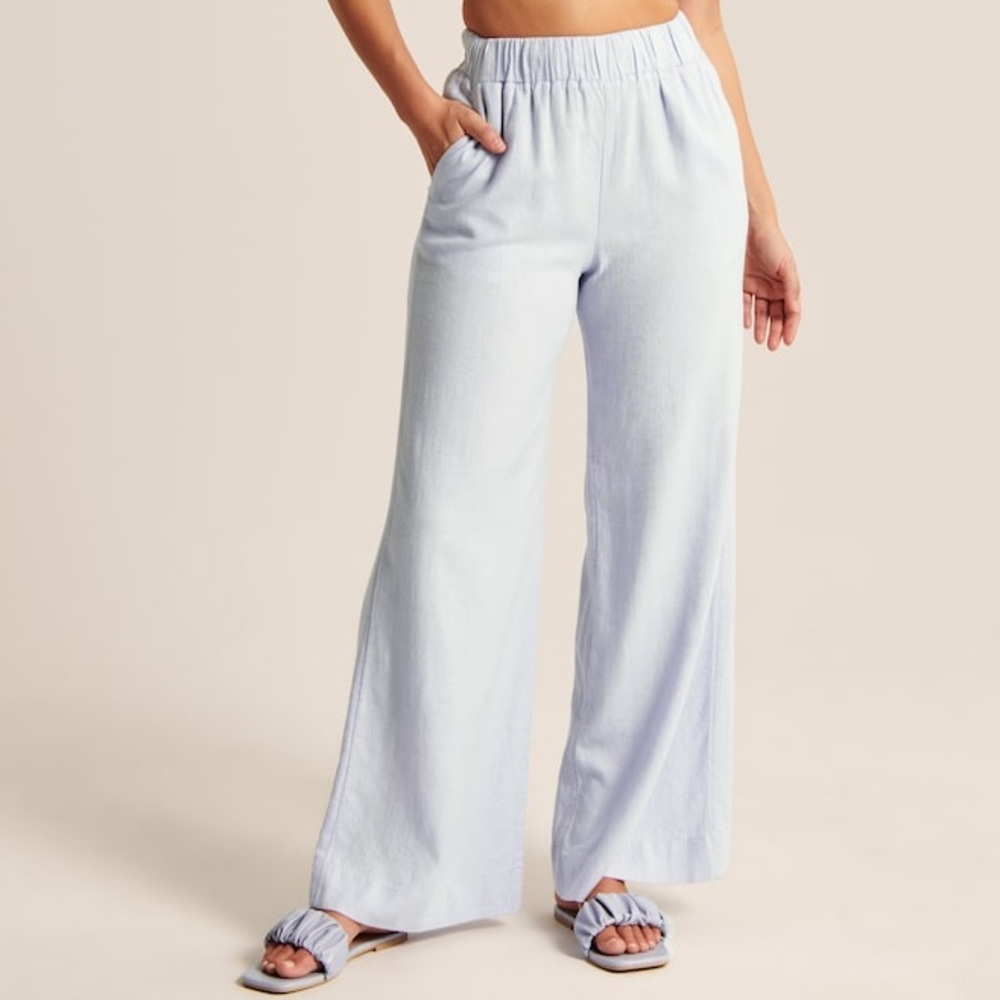 Abercrombie Linen-Blend Pull-On Wide Leg Pants and Halter Top SET, Light Blue S